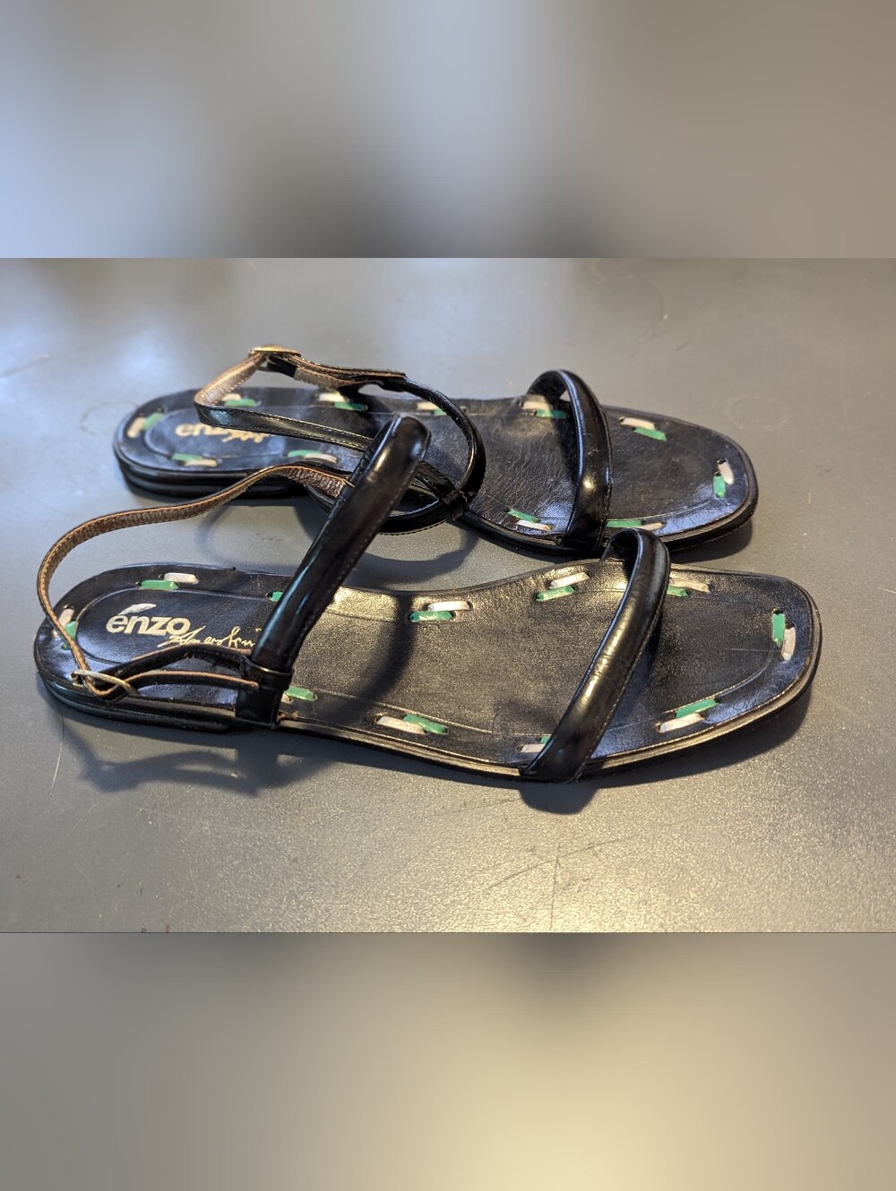 Vtg 90s Euc Enzo Angiolini Square Toe Strappy Flat Sandal  Black Sz 7.5